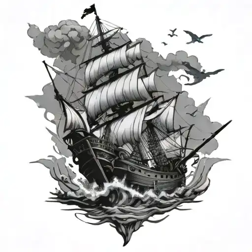 Pirate Ship Sailing Through The Wreckage Of Other Ships