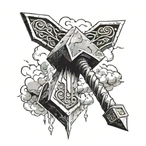 Create A Realism Tattoo For Thors Hammer With Lightning And Clouds
