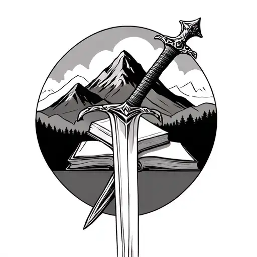 Sword Over Books With A Mountain Landscape Behind