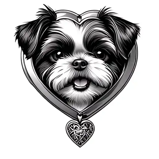 Shih Tzu Head With Underbite In A Heart Shaped Locket That's Bigger Than The Head A Little Bit