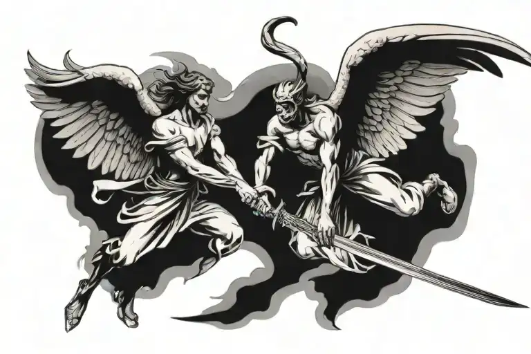 Angel Flying Down From The Heavens Spearing A Demon With Their Sword