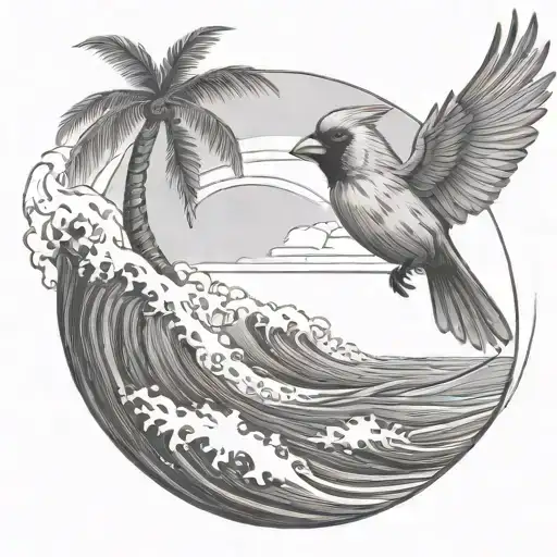 Cardinal Flying Under An Ocean Wave With Palm Tree Background
