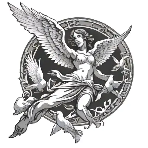 Angel Surrounded By Doves Flying Away