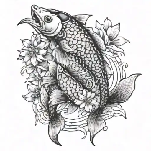 Japanese Koi Fish With Flowers Intertwined