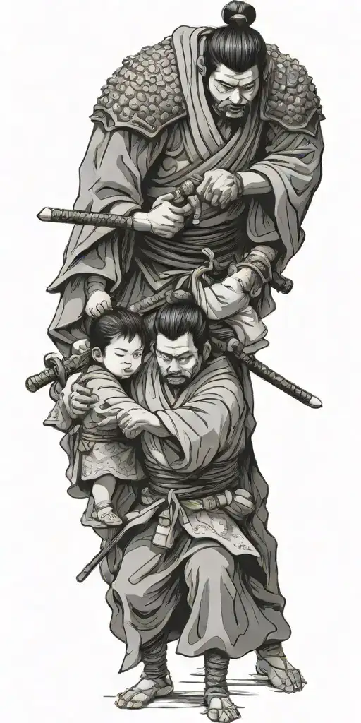 Samurai Iready For War With 2 Children Holding His Arms To Pull Him