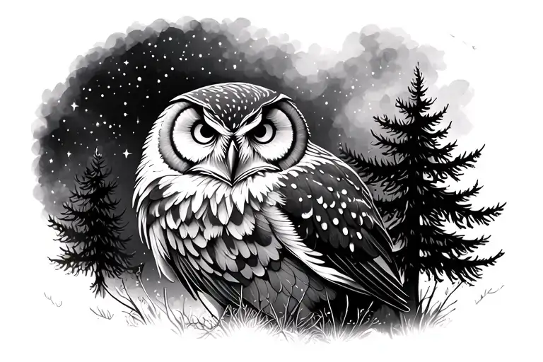 Owl And Trees Night Sky Filled With Stars