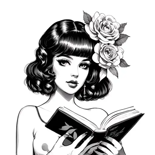 Traditional Style Pinup Girl With Bangs Reading A Book
