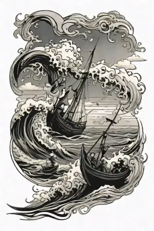 Waves Boat Stormy Fishing Scene