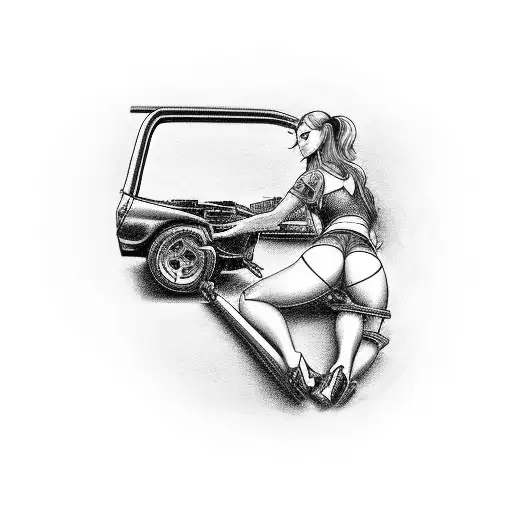 Sexy Mechanic Girl Repairing A Car