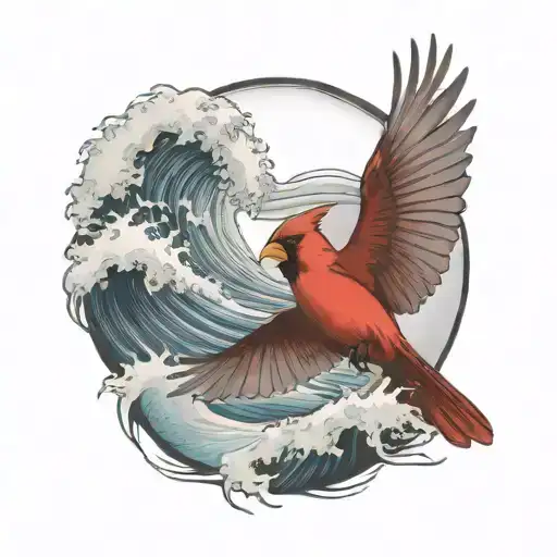Cardinal Flying Under An Ocean Wave Breaking With A Palm Tree