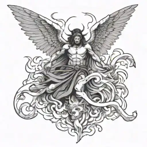 A Fallen Angel Slaying A Demon Below With Flames Between The Angel And The Demon