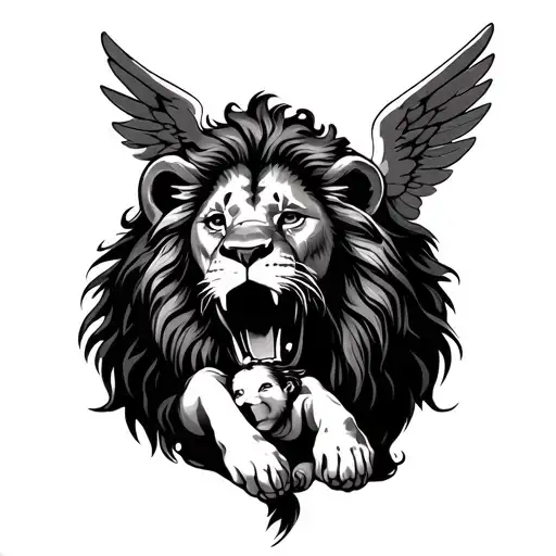 Lion With Mouth Open Baby Angel Underneath Lion