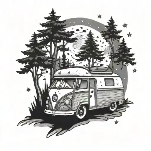 Trees With Stars And Moon And Camper Van