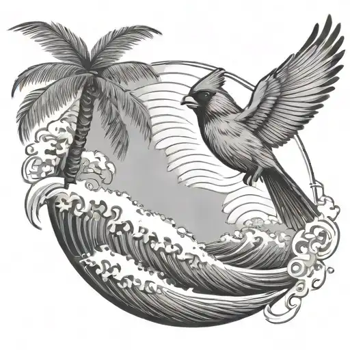 Cardinal Flying Under An Ocean Wave With Palm Tree Background