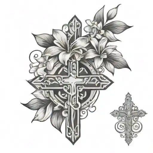 Fine Line Tattoo With Frangipani And A Jesus Cross