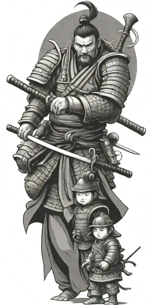 Samurai In Full Armor Ready For War With 2 Children Holding His Arms To Pull Him