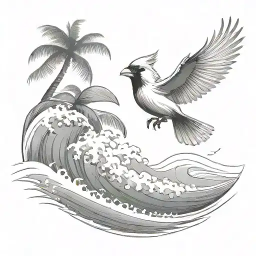 Cardinal Flying Under An Ocean Wave With Palm Tree Background
