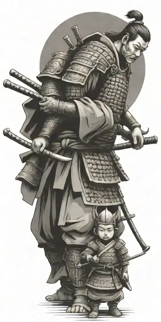 Samurai In Full Armor Ready For War With 2 Children Holding His Arms To Pull Him