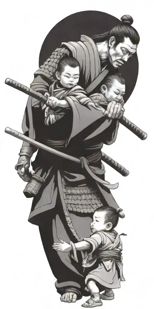 Samurai Iready For War With 2 Children Holding His Arms To Pull Him