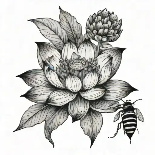 Lotus Flower W Bee A Sprig Of Lavender