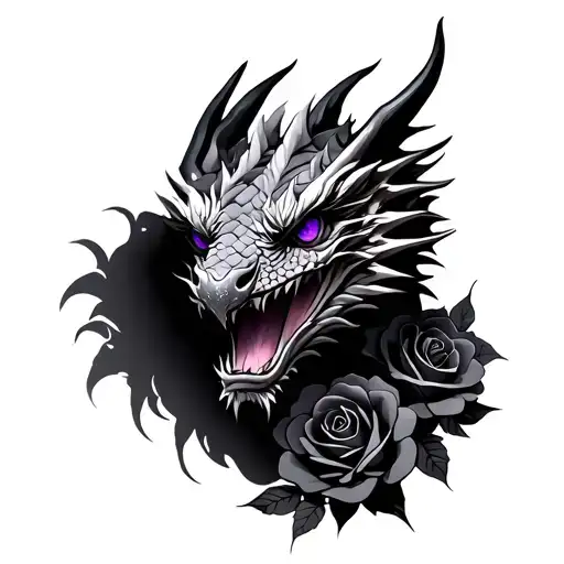 Dragon With Purple Eyes And Roses