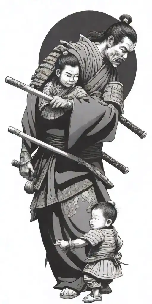 Samurai In Full Armor Ready For War With 2 Children Holding His Arms To Pull Him