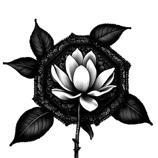 Magnolia Spray On Black Lace Octagon Shape