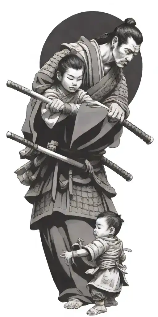 Samurai In Full Armor Ready For War With 2 Children Holding His Arms To Pull Him