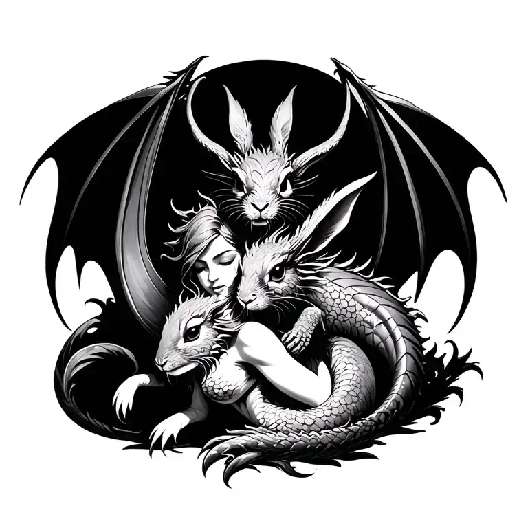 Dragon Embracing A Female Rabbit Surrounded