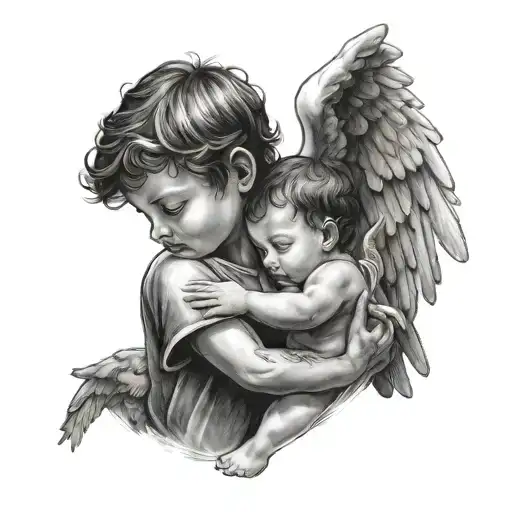 Boy Angel Holding Baby Boy Walking Hand In Hand