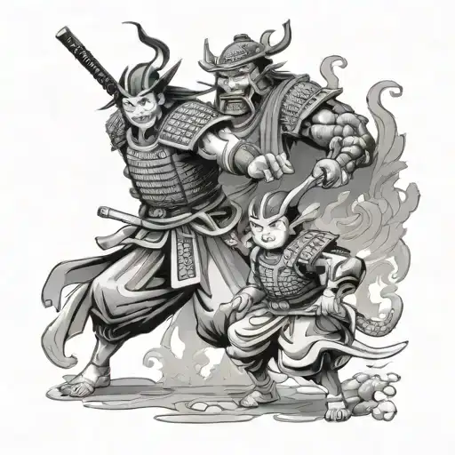 Samurai Family Fighting Demon In Forrest Father Samurai Protecting Kids