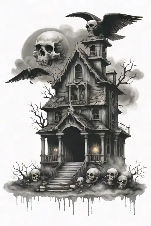 Haunted House Graveyard With A Skull And Thumb Prints Surrounded By Fog