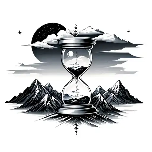 An Hourglass Surrounded By Mountain Peaks And A Moon In The Sky