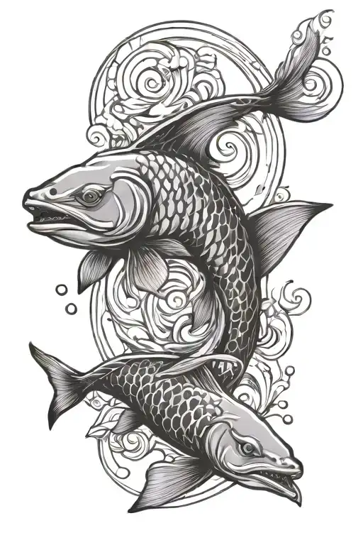Koi Fish And Shark With Letter D In Diamonds In Water