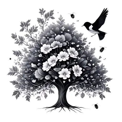 Tree With Flowers Birds And Lady Bugs Make It Bohemenian