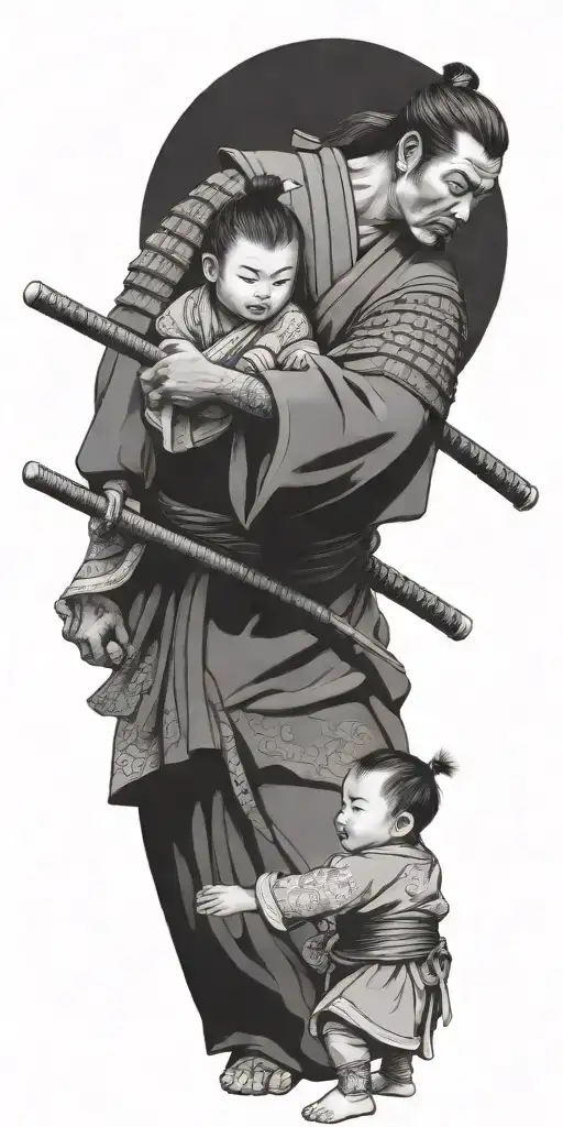 Samurai Ready For War With 2 Children Holding His Arms To Pull Him