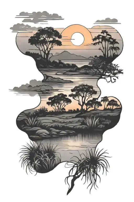 Savannah Landscape With Sunset With River