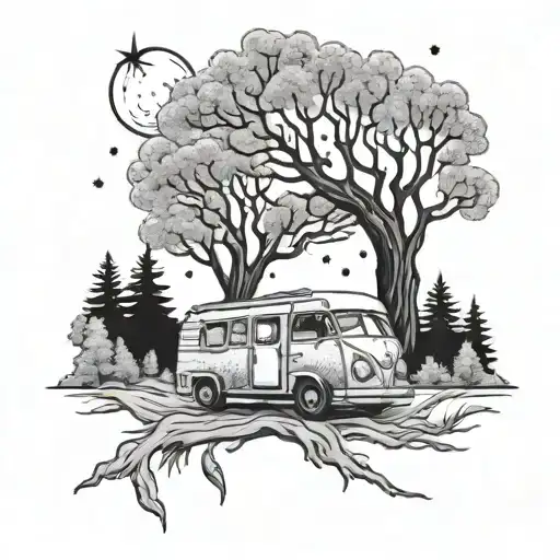 Trees With Stars And Moon And Camper Van Gogh Starry Night