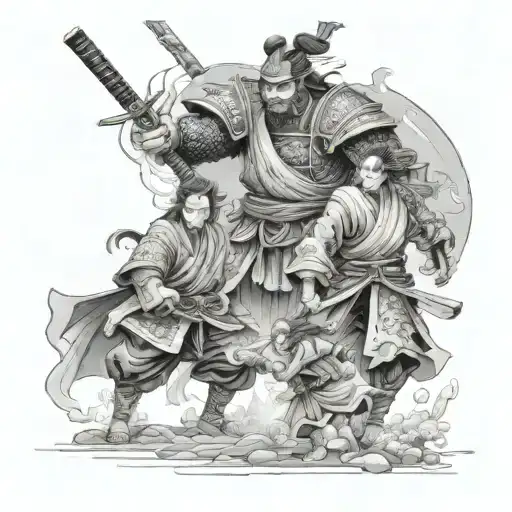 Samurai Family Fighting Demon In Forrest Father Samurai Protecting Kids