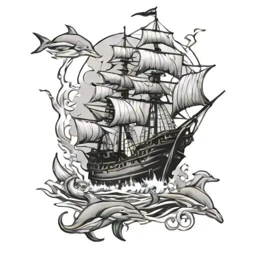 Wrecked Pirate Ship With 5 Dolphins