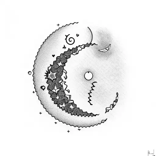 Crescent Moon Outline With Heartbeat And Moonflower Incorporating Within The Outline