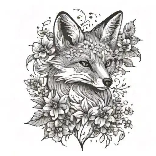 A Playful Fox Surrounded By Blooming Flowers In A Black-grey Palette