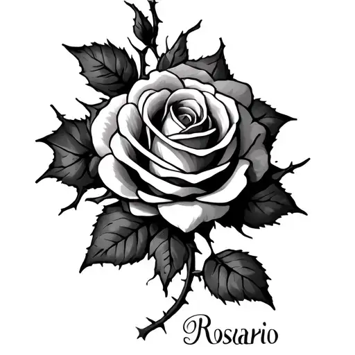 Rose With Vines And Thorns With The Name Rosario