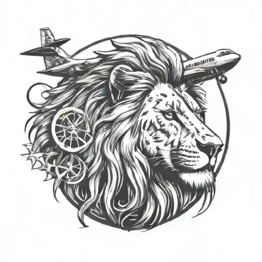 Lion With Lion Star Sign And Circle With Small Airplanes