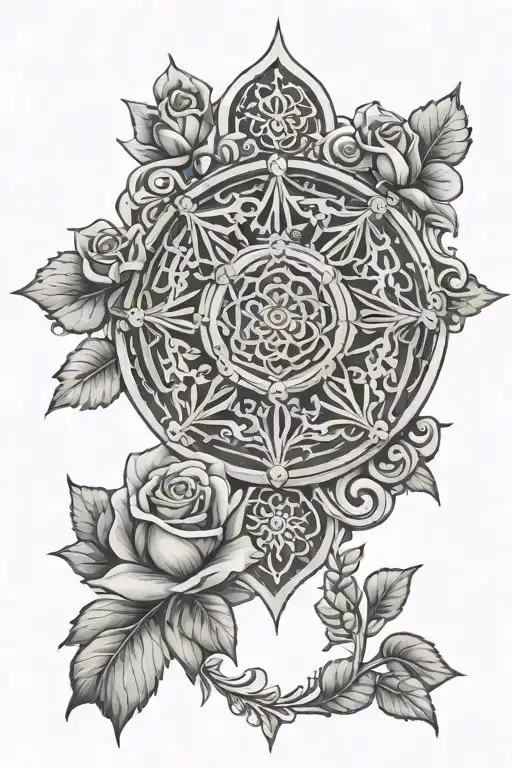 Rose Window Mandala With Cross And Flowers Growing