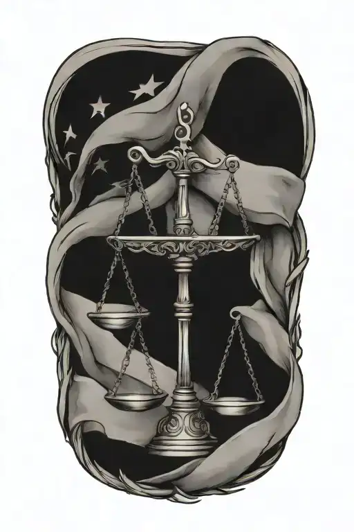 Justice Scales And American Flag Intertwined