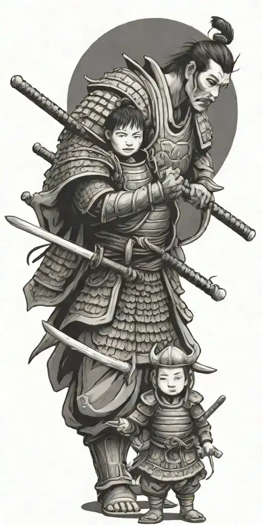 Samurai In Full Armor Ready For War With 2 Children Holding His Arms To Pull Him