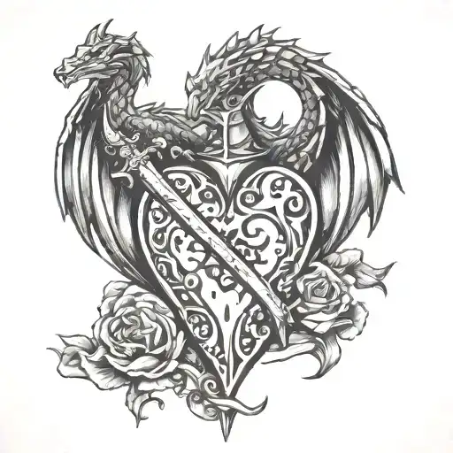 Ace Of Heart Card With A Dagger And Dragon