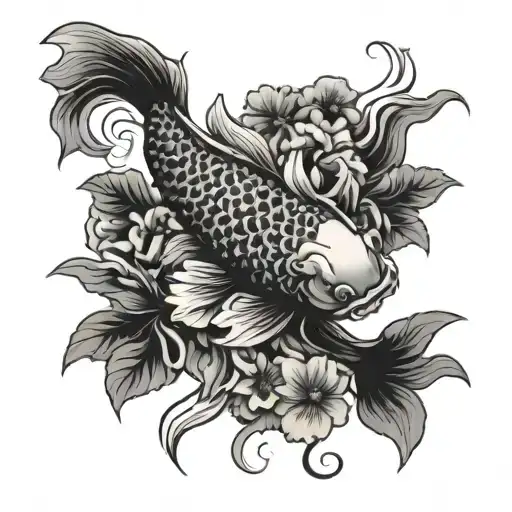 Japanese Koi Fish With Flowers Intertwined