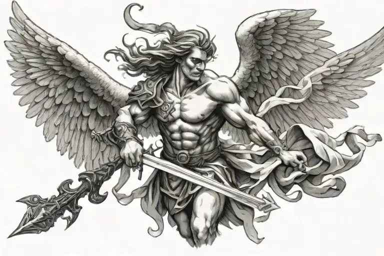 Large Angel Coming Down From The Heavens Spearing A Demon Through The Chest With A Sword
